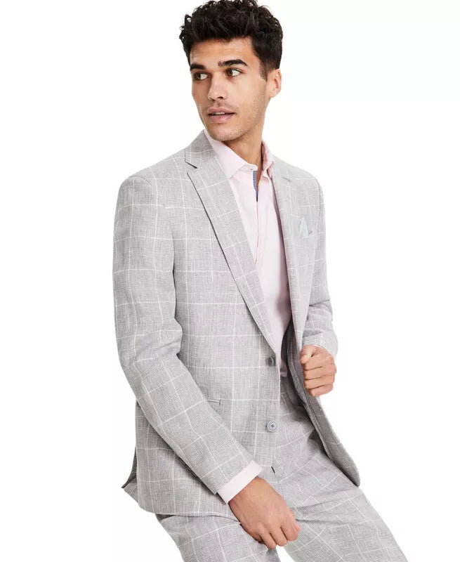 Bar III Men's Slim-Fit Linen Suit Jacket  Color Grey Plaid Size 40R