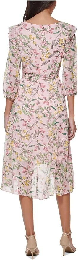 Tommy Hilfiger Printed Balloon-Sleeve Faux-Wrap Dress  Ballerina Pink Multi  Size 12 (No Tag)