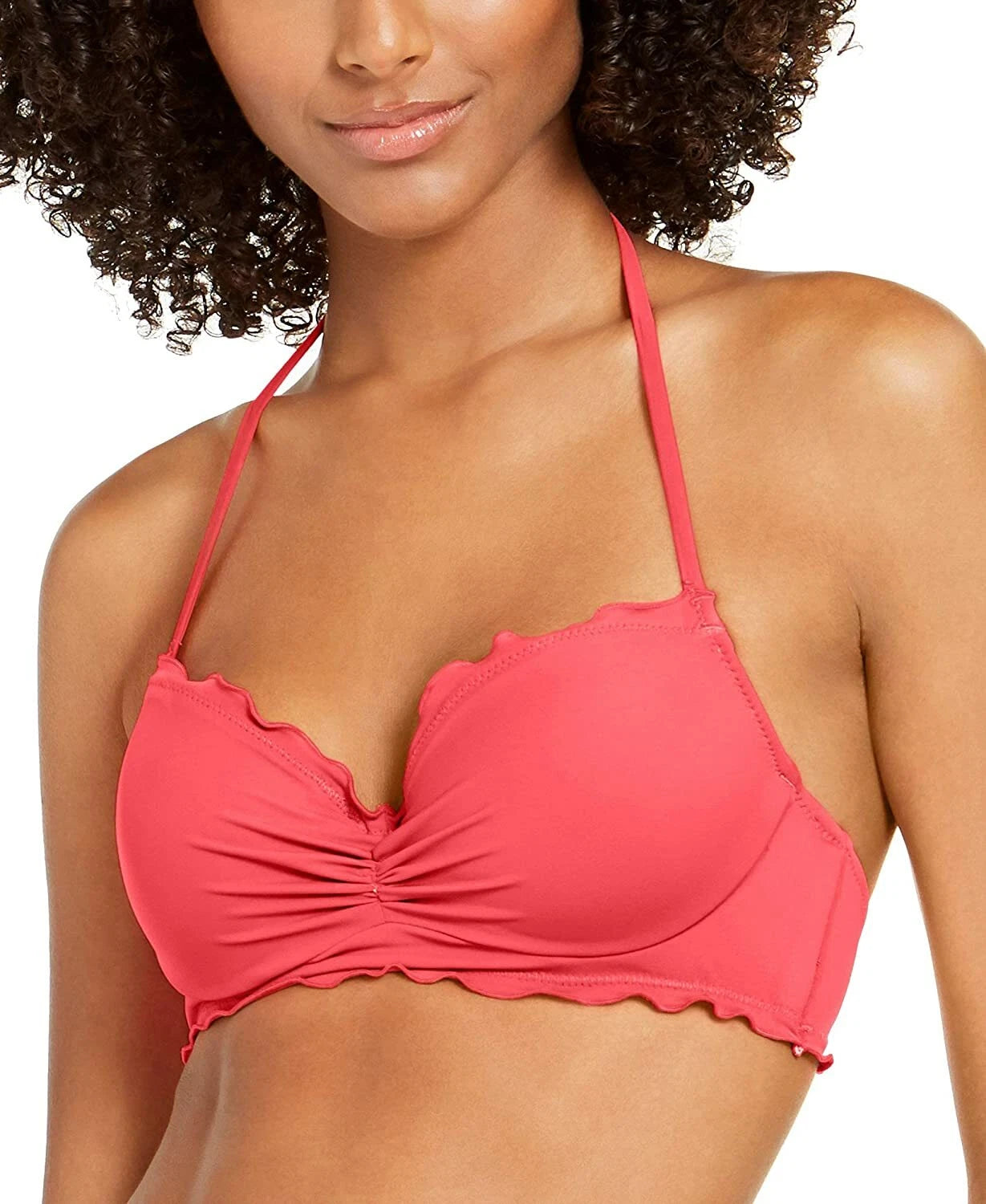 SUNDAZED Nixie Bra Sized Ruffle Edge Halter Bikini Top  Sunkissed Coral Size 36DD