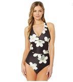 LAUREN RALPH LAUREN Villa Floral Twist Back Halter One-Piece  Black/White Size 4