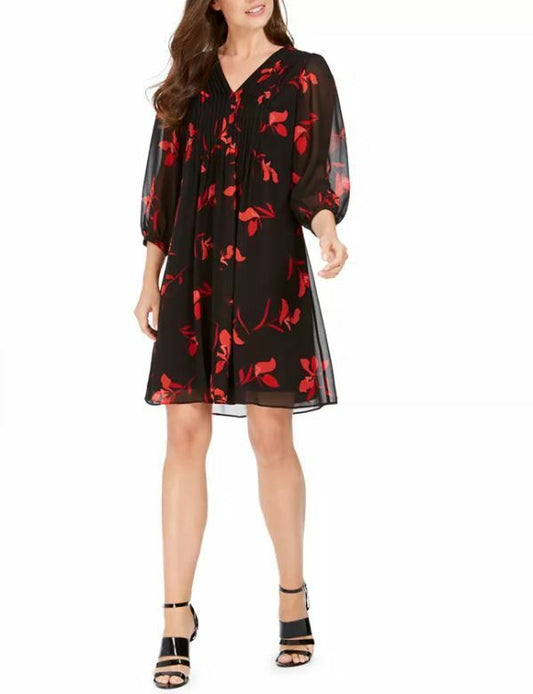 Calvin Klein Petite Floral-Print Pleated Chiffon Dress  Color Black/Red Size 4P