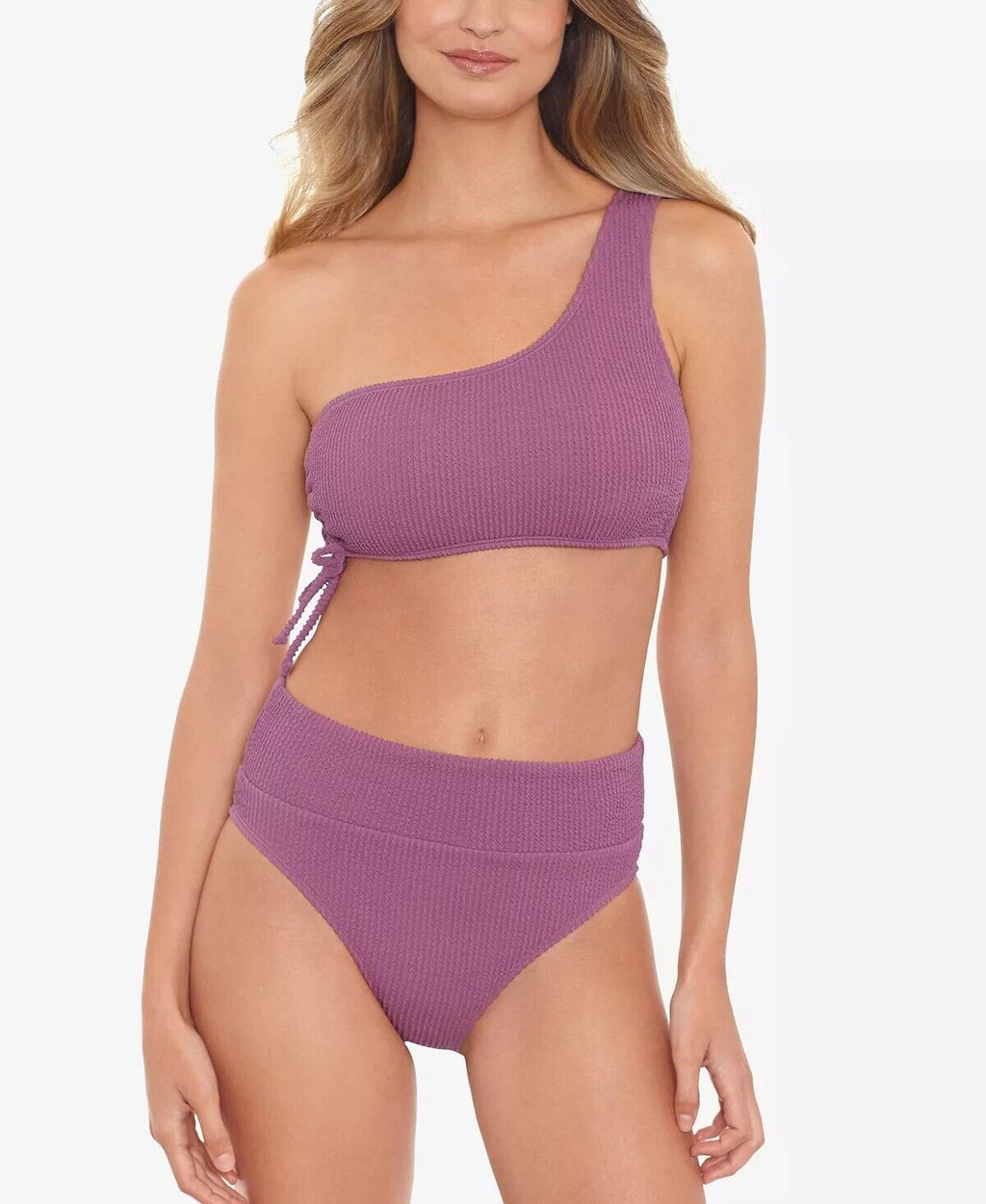 Salt Cove Sandy Ribbed One-Shoulder Bikini Swim Top  Color Mauve Size L
