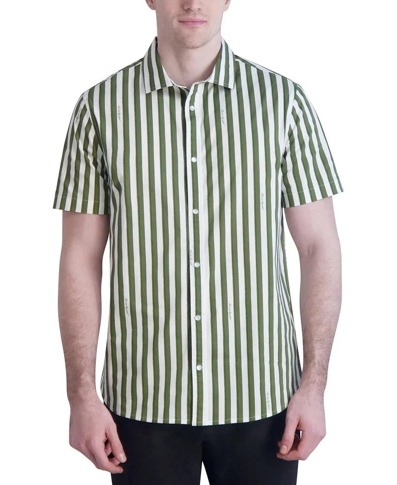 KARL LAGERFELD PARIS Men's Woven Stripe Shirt  Olive/White Size M