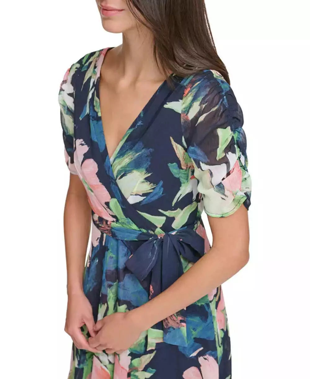 DKNY Women's Floral Tie-Waist Ruched-Sleeve Dress  Color Navy Multi Size 10