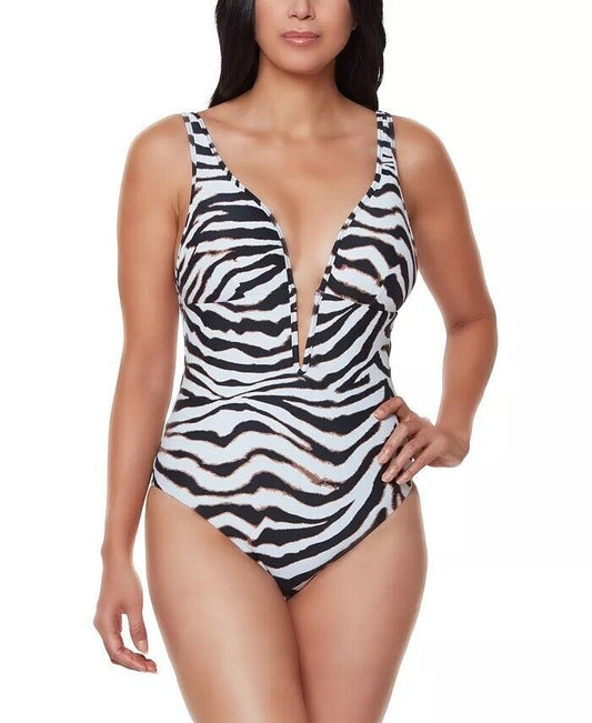 Bar III Printed V-Neck One-Piece Swimsuit  Color White/Black Size L