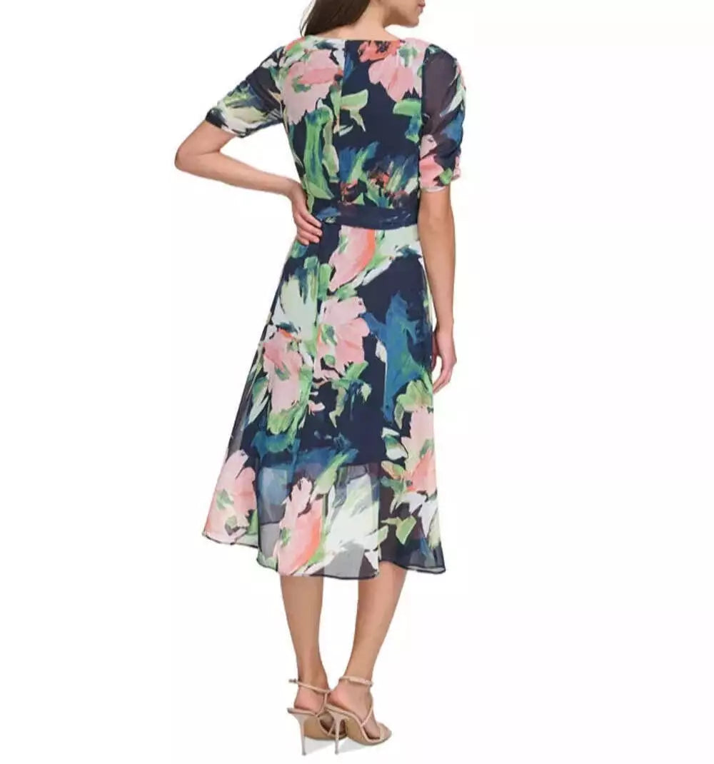 DKNY Women's Floral Tie-Waist Ruched-Sleeve Dress  Color Navy Multi Size 10