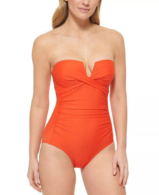 Calvin Klein Womens Split-Neck Bandeau One-Piece Swimsuit  Color Vermillion Size 10