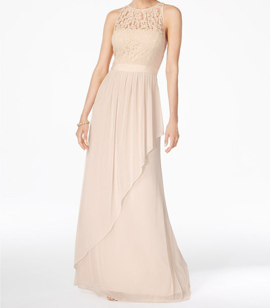 Adrianna Papell Women's Lace Crew-Neck A-Line Formal Dress  Color Almond Size 10
