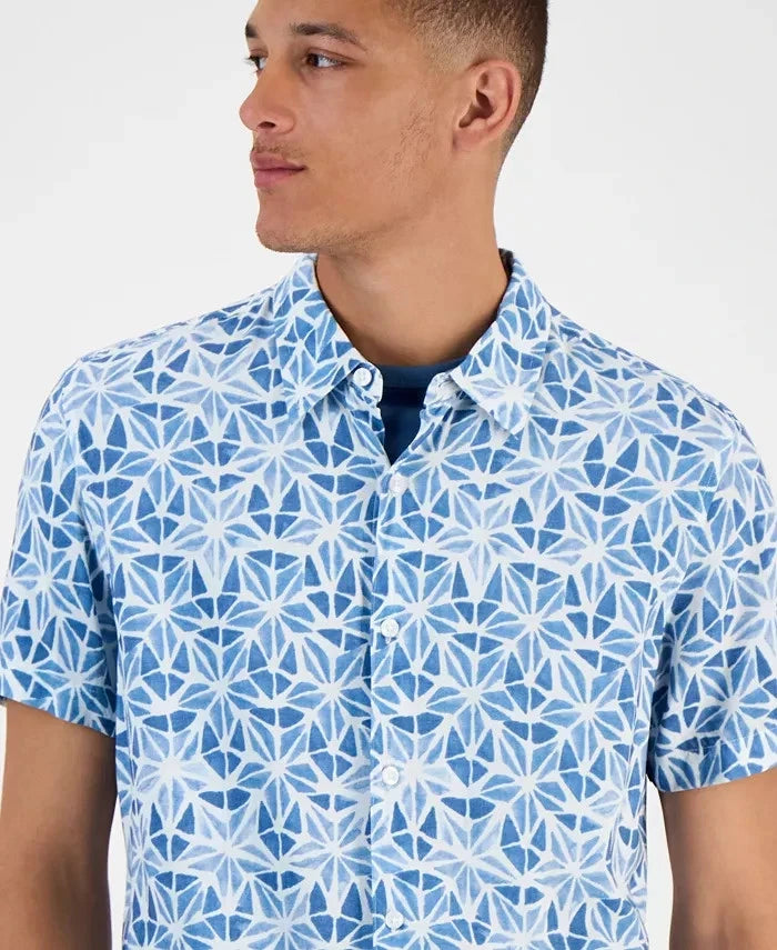 GUESS Men's Slim Fit Short Sleeve Printed Button-Front Shirt  Watercolor Burst Petroleum Blue Size XL