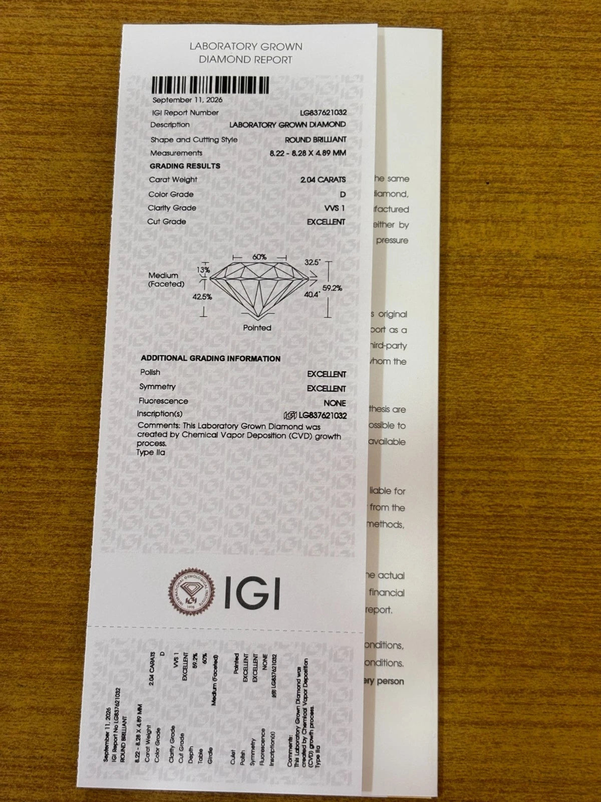 IGI Certified Luxuriant Lab Grown Diamond (Round) (D-VVS1) 2.04 ctw