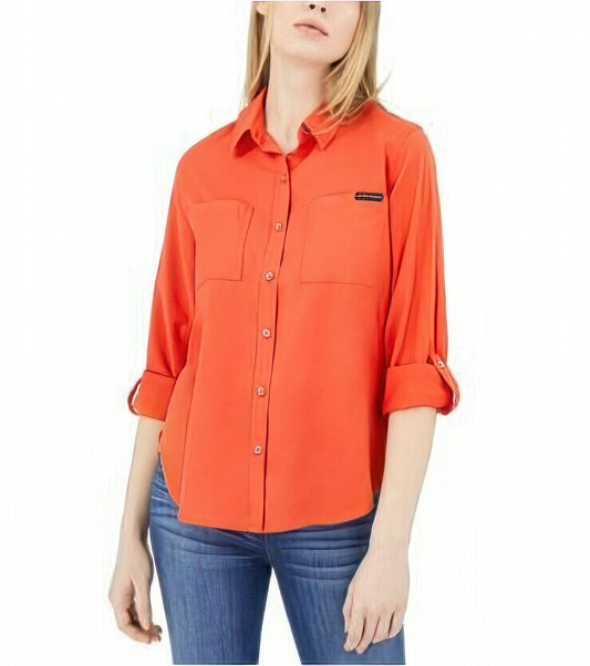 Calvin Klein Women's Button Front Tie Hem Roll Tab Sleeve Utility Shirt  Color  Habanero Size M