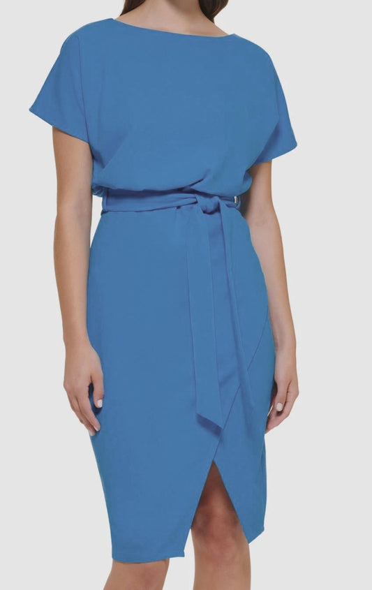 kensie Belted Blouson Wrap Textured Knit Sheath Dress  Chambray Size 14