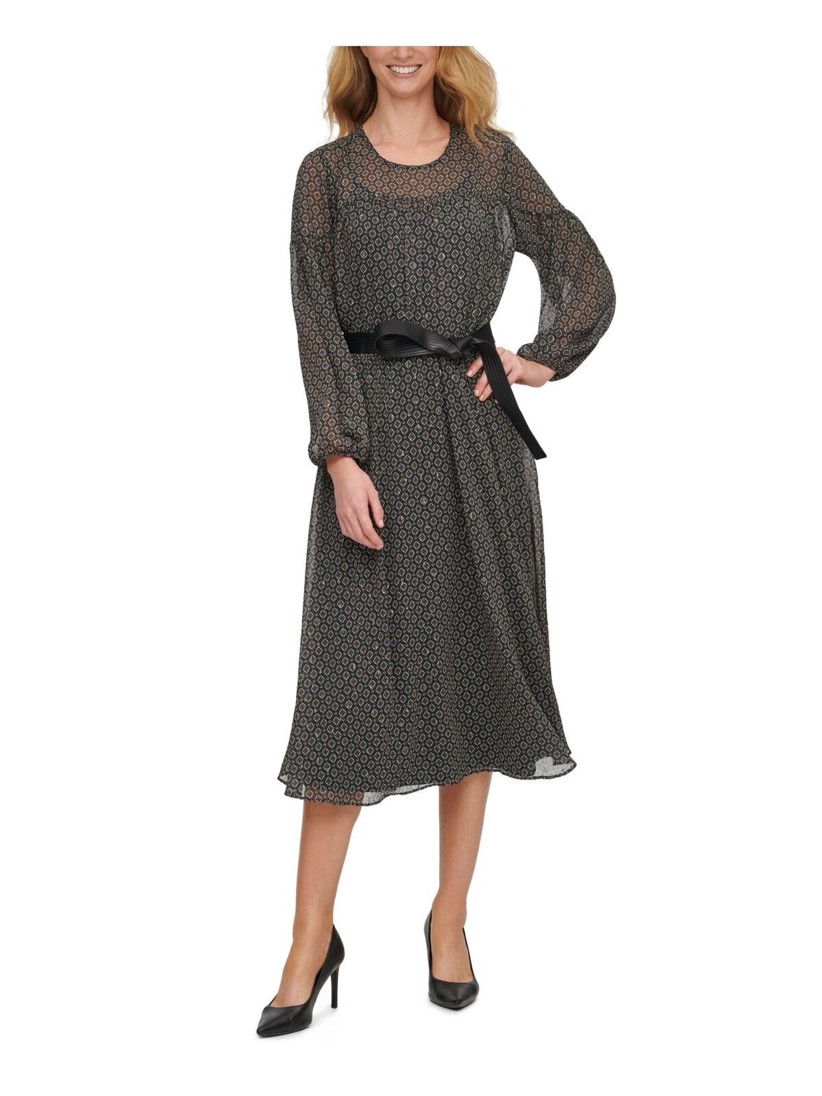 Calvin Klein Printed Cuffed Jewel Neck Tea-Length Sheath Dress  Color Green Size 4
