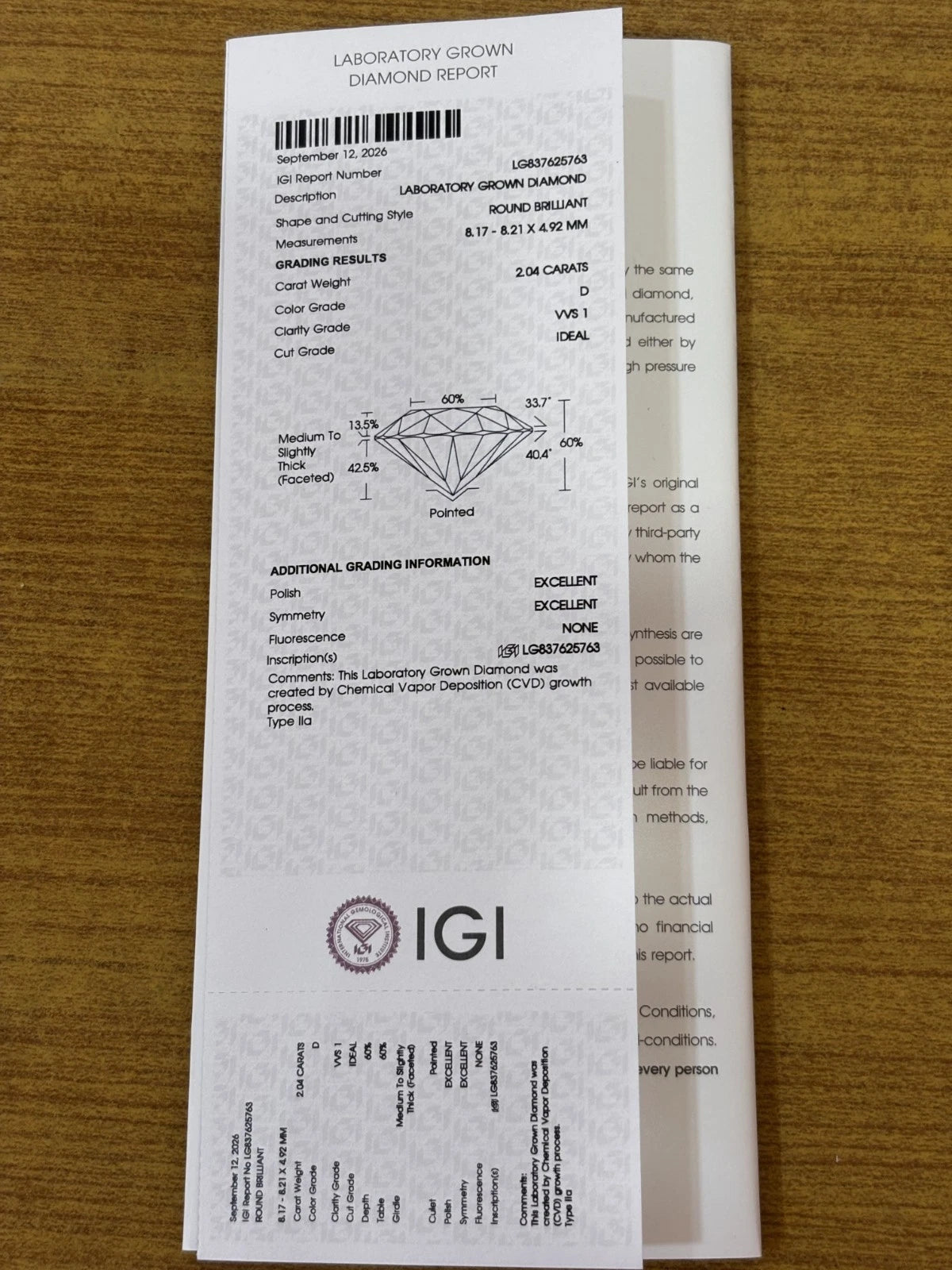 IGI Certified Luxuriant Lab Grown Diamond (Round) (D-VVS1) 2.04 ctw