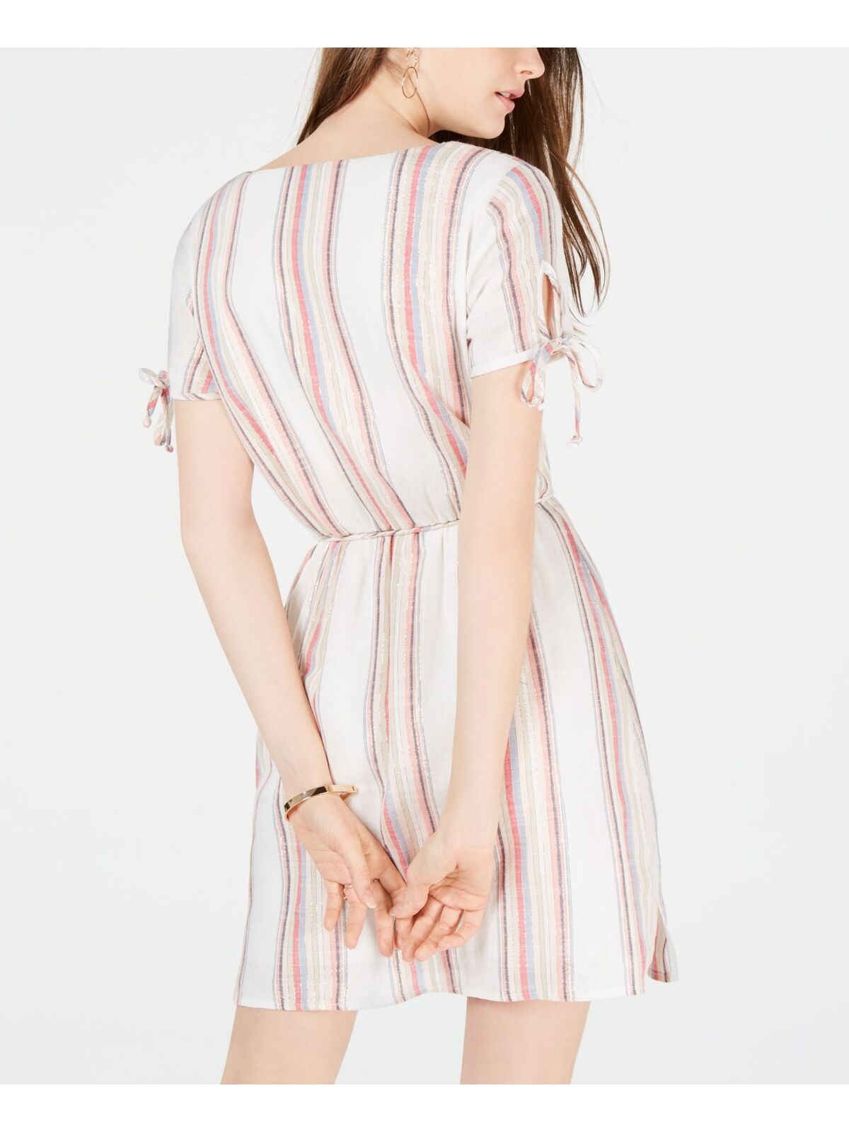 CITY STUDIO Juniors Striped Short Sleeve V Neck Short Shift Dress  Color Ivory Size XL
