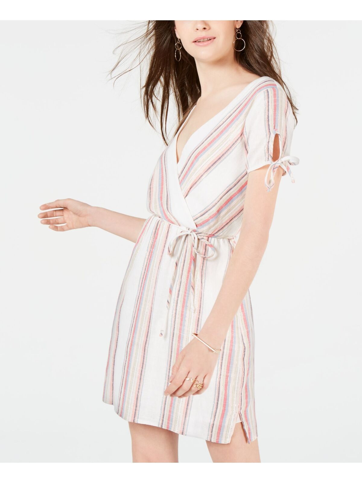CITY STUDIO Juniors Striped Short Sleeve V Neck Short Shift Dress  Color Ivory Size XL