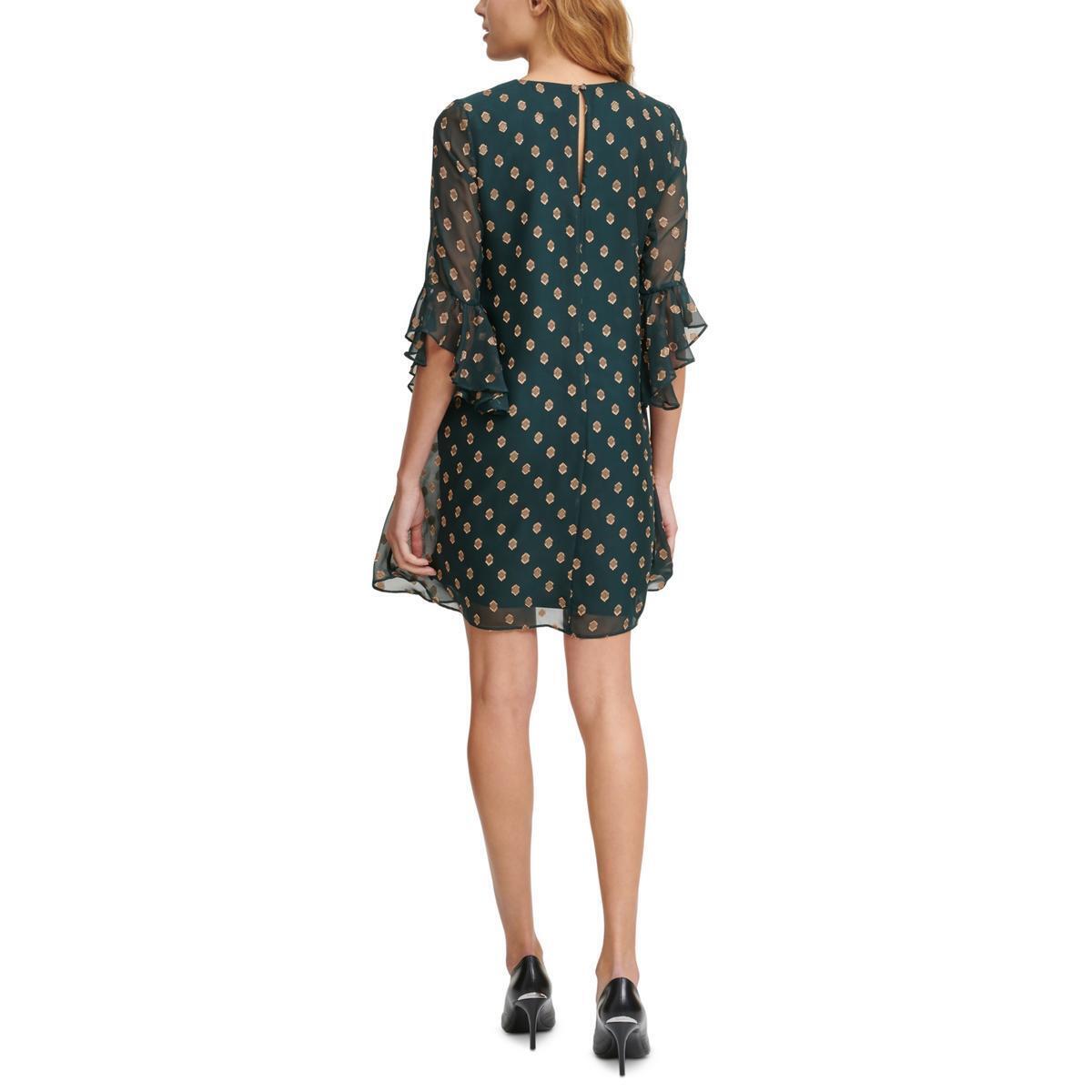 Calvin Klein Dot-Print Ruffle-Sleeve Mini Dress  Color Malachite/Gold Size 10