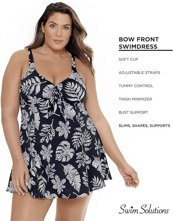 Swim Solutions Animal Print Spotted Leaves Bow-Front Swimdress  Black Size 18W