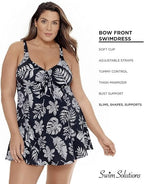 Swim Solutions Animal Print Spotted Leaves Bow-Front Swimdress  Black Size 18W