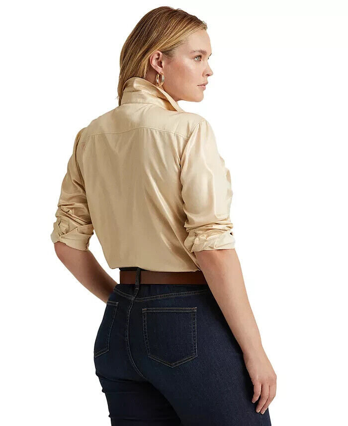 Lauren Ralph Lauren Women's Plus-Size Metallic Lame Shirt  Color Beige Size 1X