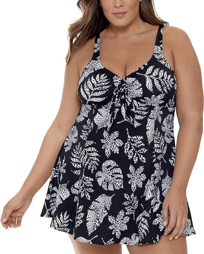 Swim Solutions Animal Print Spotted Leaves Bow-Front Swimdress  Black Size 18W