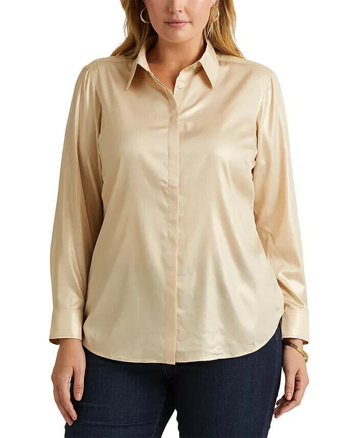 Lauren Ralph Lauren Women's Plus-Size Metallic Lame Shirt  Color Beige Size 1X