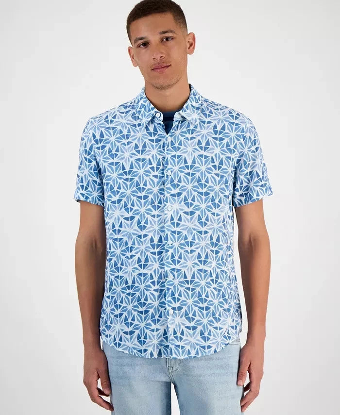 GUESS Men's Slim Fit Short Sleeve Printed Button-Front Shirt  Watercolor Burst Petroleum Blue Size XL