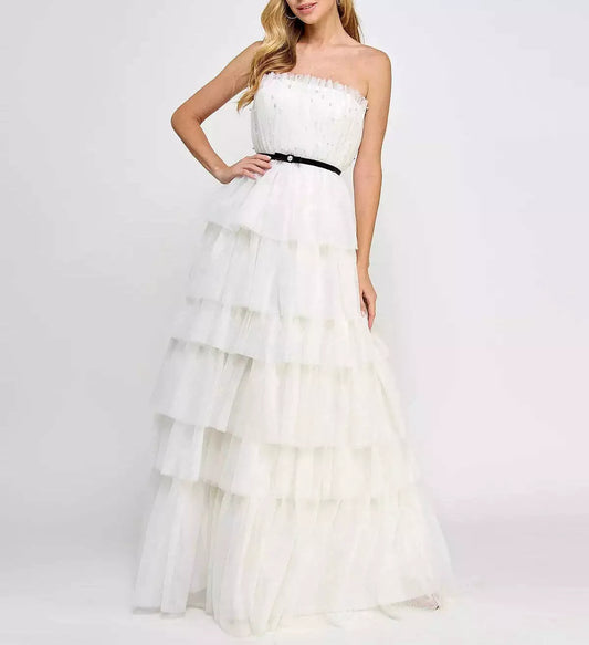Say Yes Juniors Tulle Imitation Tiered Ball Gown  Color White Size 5/6