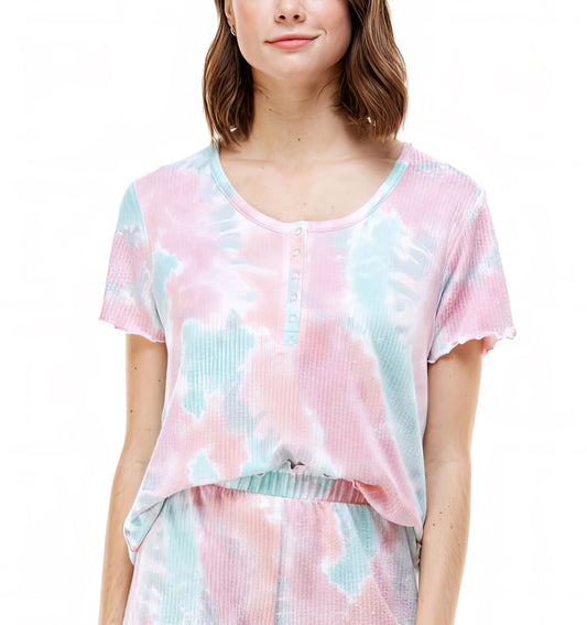 Roudelain Women's Ribbed Lettuce-Trim Pajama Top  Color Tie Dye Eggshell Blue Size M