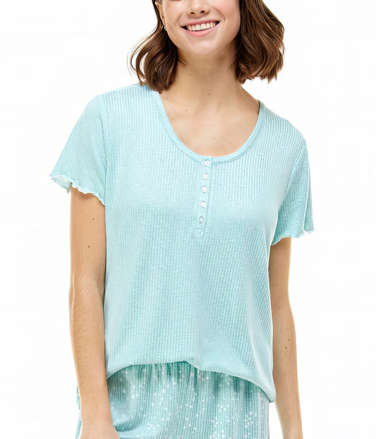 Roudelain Women's Ribbed Lettuce-Trim Pajama Top  Color Eggshell Blue/Star Inspire Size L