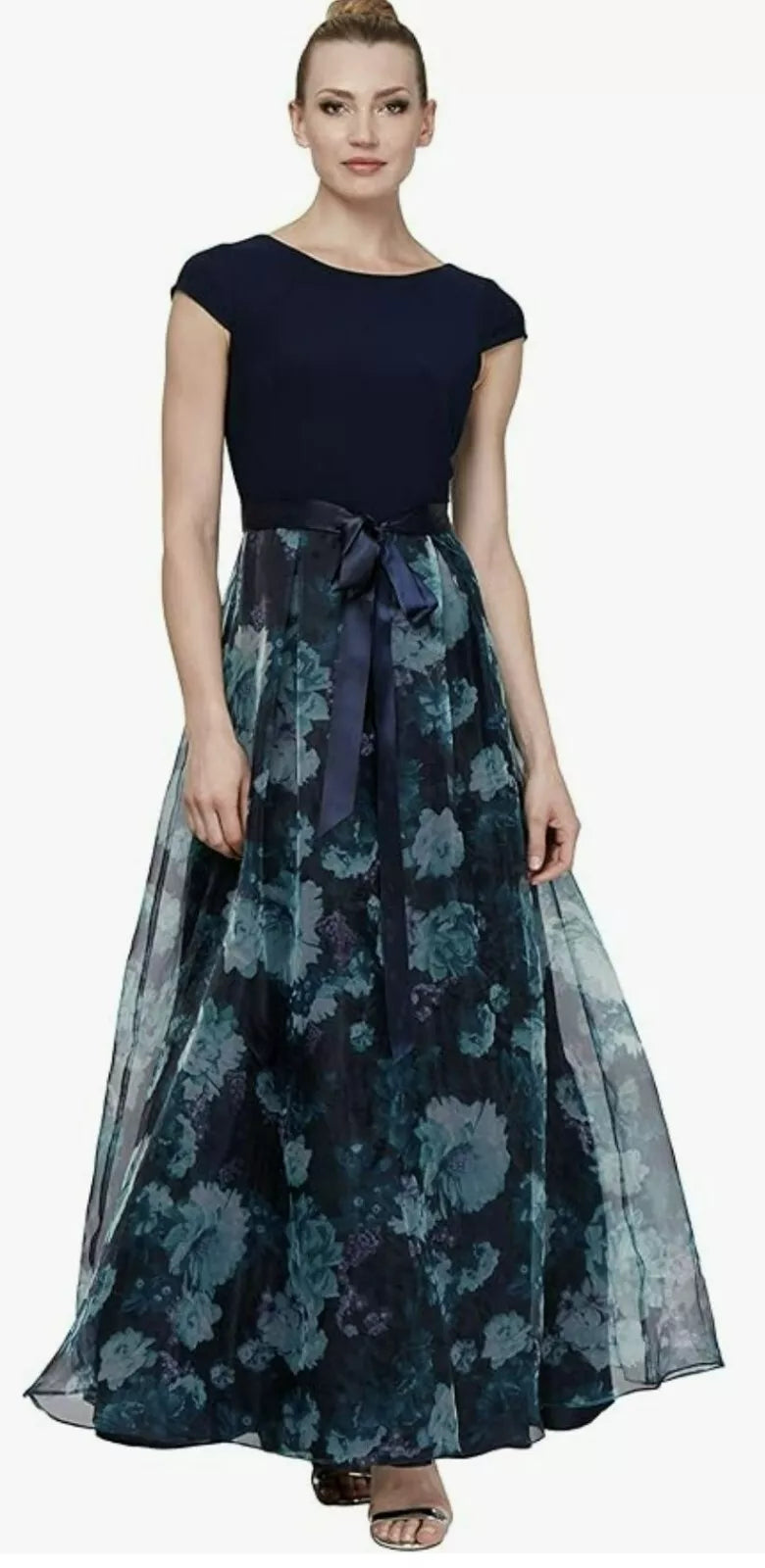 SL Fashions Floral-Organza Formal Gown Maxi Dress  Navy Floral Size 8