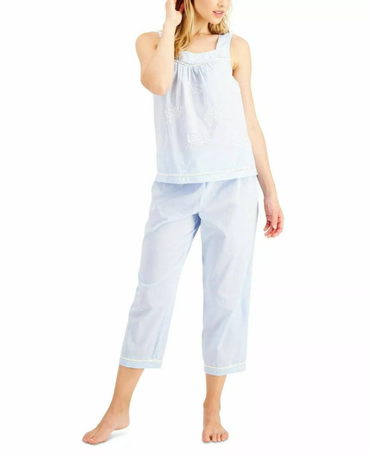 Charter Club Women's 2-Pc. Cotton Embroidered Cropped PJ Set  Color Blue Alder Size XL