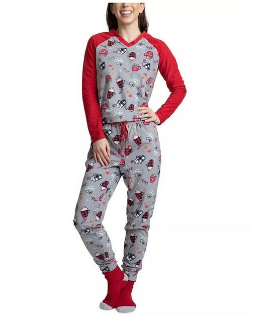 Muk Luks 3-Pc. Gift Printed Fleece Top, Pants & Socks   Color Red Coffee Size M