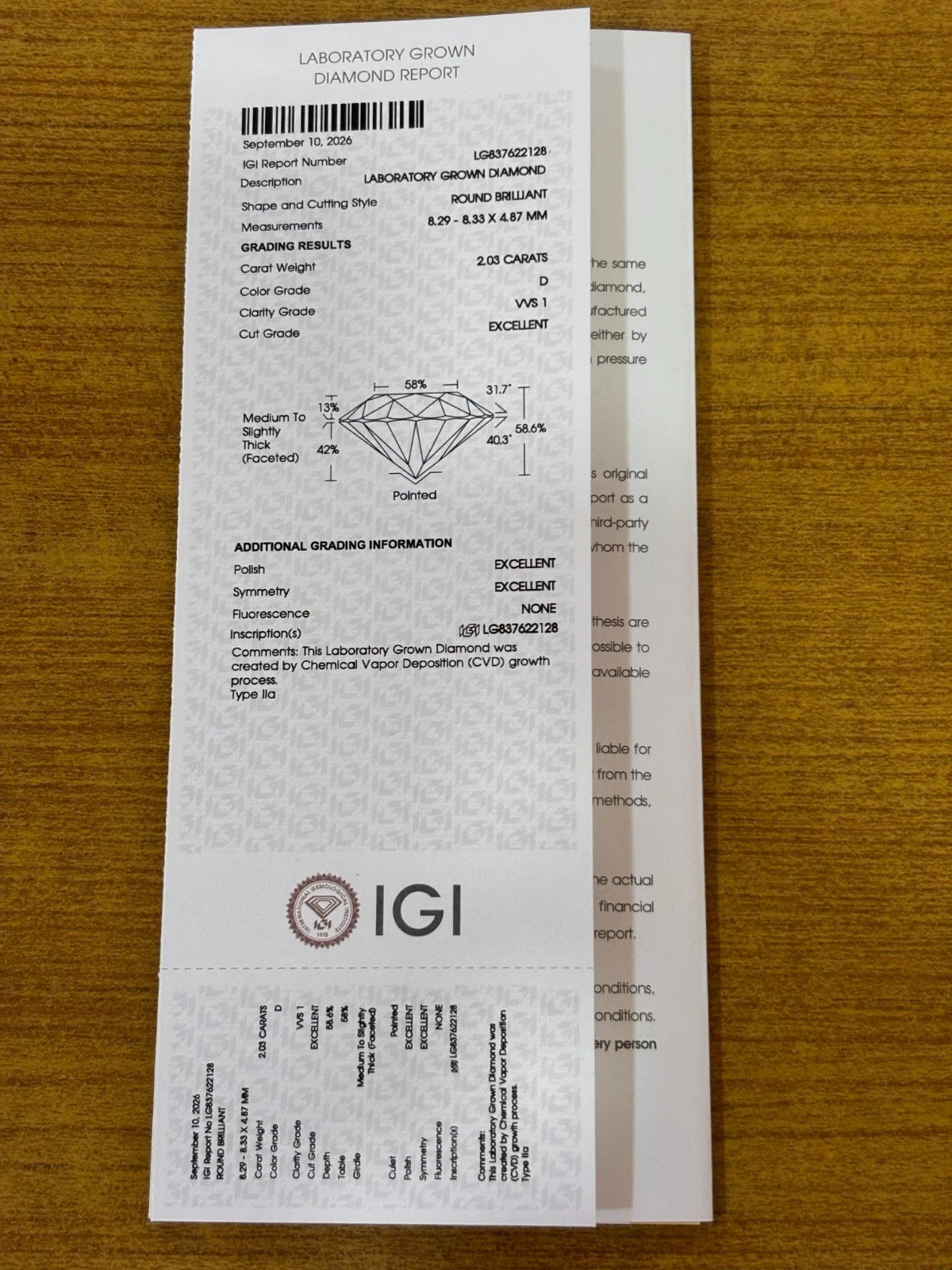 IGI Certified Luxuriant Lab Grown Diamond (Round) (D-VVS1) 2.03 ctw