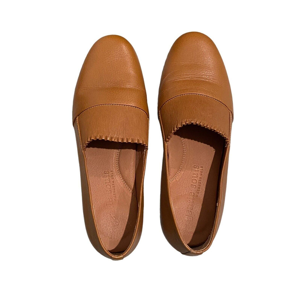 Gentle Souls by Kenneth Cole Women's Eugene Ruffle Leather Closed Toe Slide  Color Cognac Size 10M