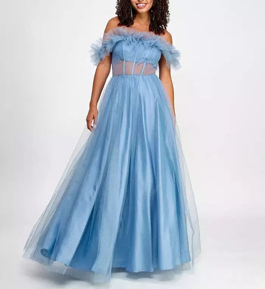 BCX Juniors Off-The-Shoulder Glitter Tulle Corset Gown   Light Blue Size 11