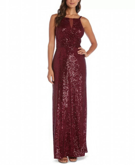 Nightway Sequin Crossover Spaghetti Strap Gown  Color Merlot Red Size 14