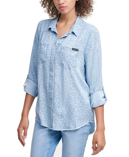 Calvin Klein Jeans Women's Leopard Button Front Shirt  Color Chambray Blue Size XS