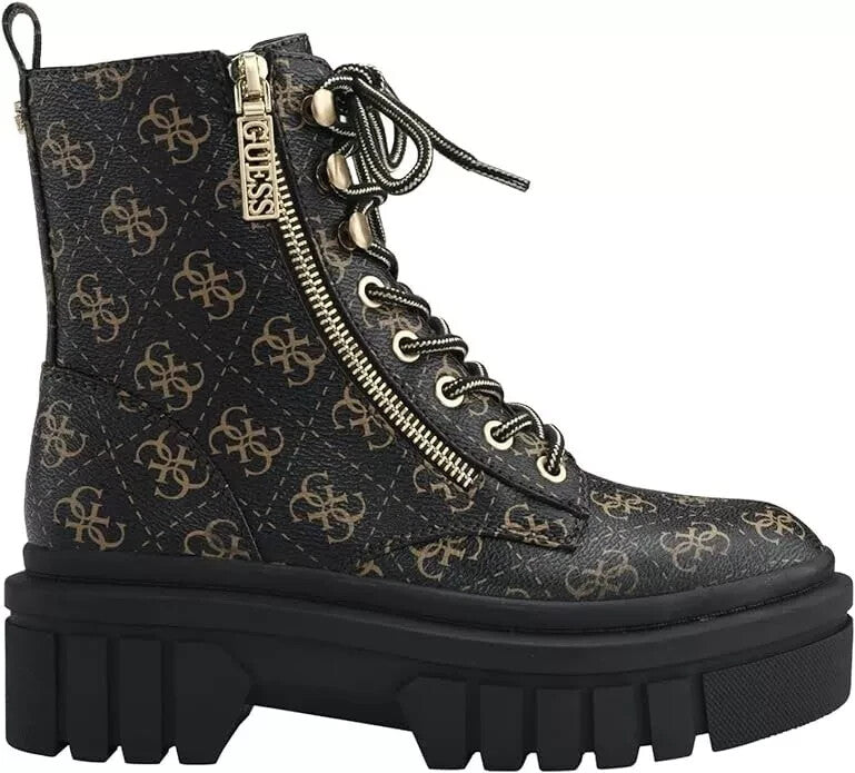 GUESS Women's Ferina Faux Leather Combat Lace-up Boots Brown Multi Size 5