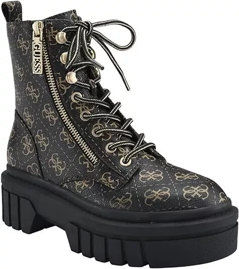 GUESS Women's Ferina Faux Leather Combat Lace-up Boots Brown Multi Size 5