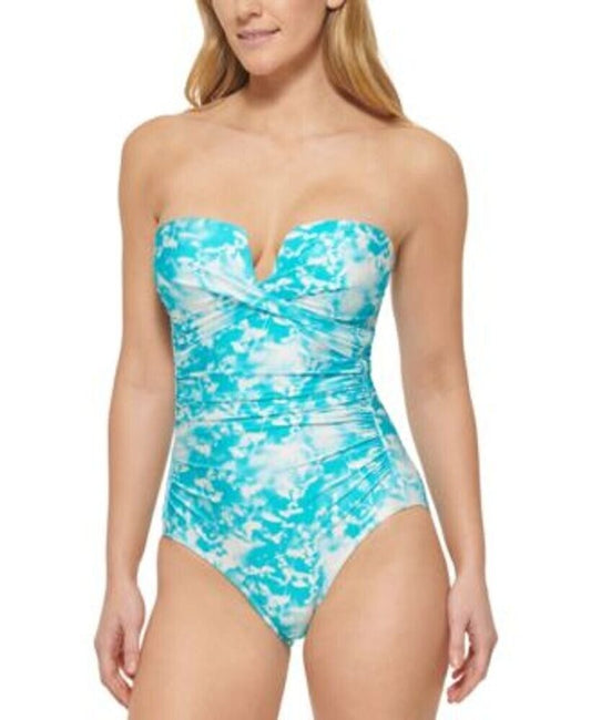 Calvin Klein Womens Printed V-Notch Bandeau One Piece Swimsuit  Color Tropical Waters Multi Floral Size 6
