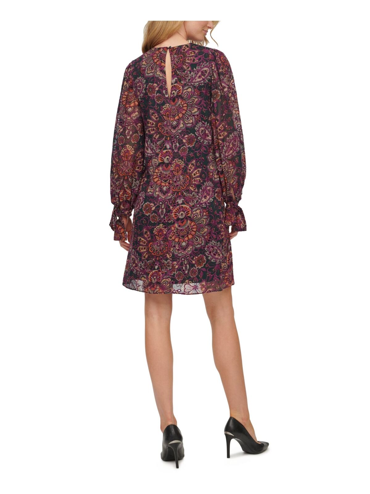 Calvin Klein Printed Chiffon Long Sleeve Short Shift Maxi Dress  Color DK Purple Multi Size 6