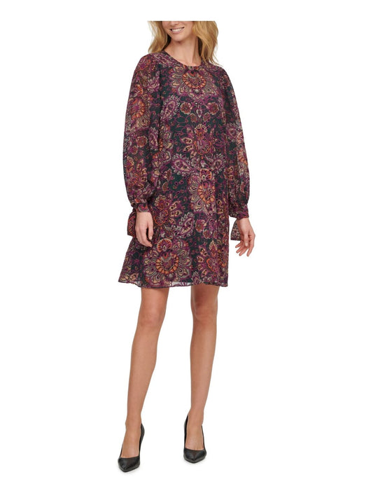 Calvin Klein Printed Chiffon Long Sleeve Short Shift Maxi Dress  Color DK Purple Multi Size 6