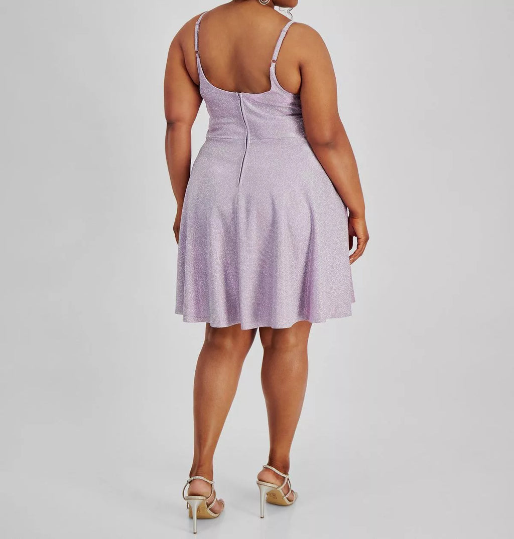 City Studios Plus Size Trendy Cutout Metallic Skater Dress  Purple Size 16W