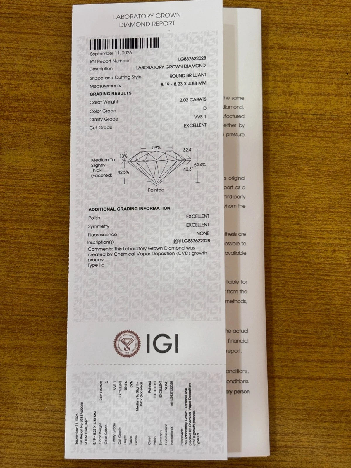 IGI Certified Luxuriant Lab Grown Diamond (Round) (D-VVS1) 2.02 ctw
