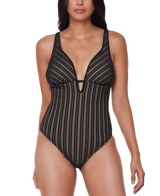Bar III Plunging Crochet One-Piece Swimsuit  Color Black Size S