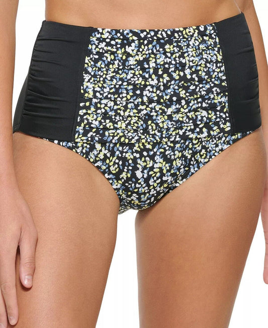 Calvin Klein Pleated High-Waist Bikini Bottoms  Color Ditsy Black Multi Size XL