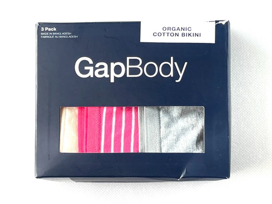GAP Women's 3-Pk Bikini Underwear  Bright Pink Stripe, Beige, Gray Size S