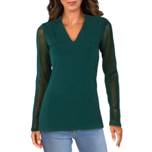 INC International Concepts Women's Illusion-Sleeve V-Neck Blouse  Color Hunter Forest Size XL