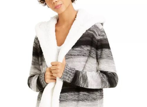 Crave Fame Juniors Fuzz-Lined Hooded Cardigan  Color Black Stripe Size XL